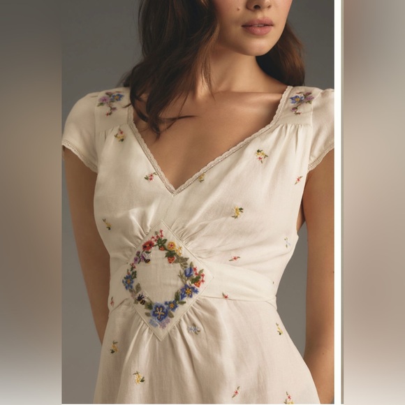 Anthropologie Cream Floral Embroidered Dress
